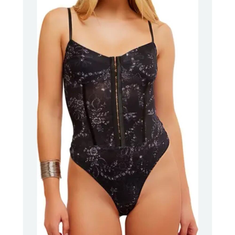 Free People Black Floral Bodysuit